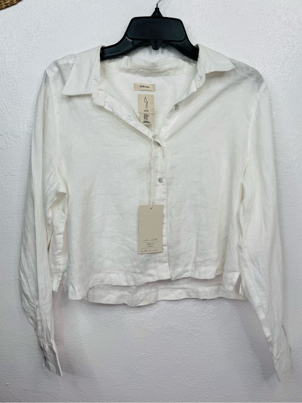 Joie Blouse Womens Size M Ivory Cropped Button-Front Collared Long Sleeve